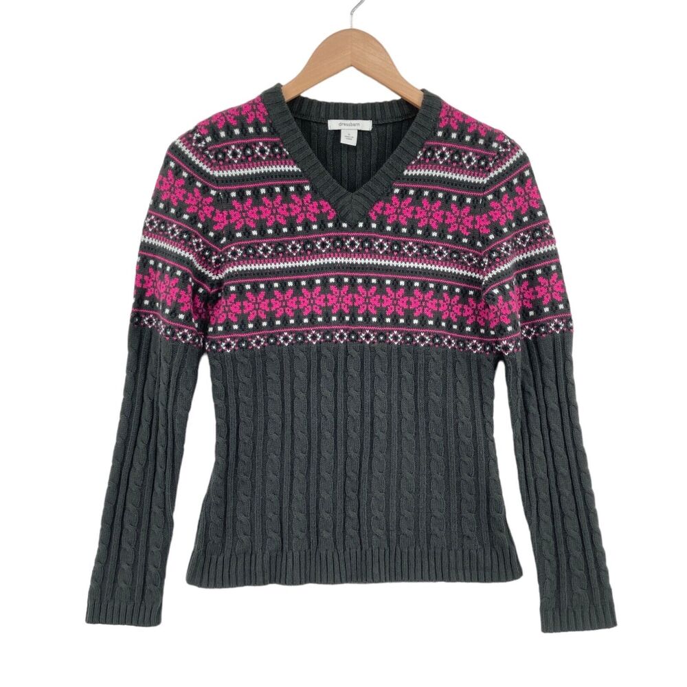 Dressbarn Faire Isle Knit Sweater Small Womens Gray Long Sleeve V Neck Pullover